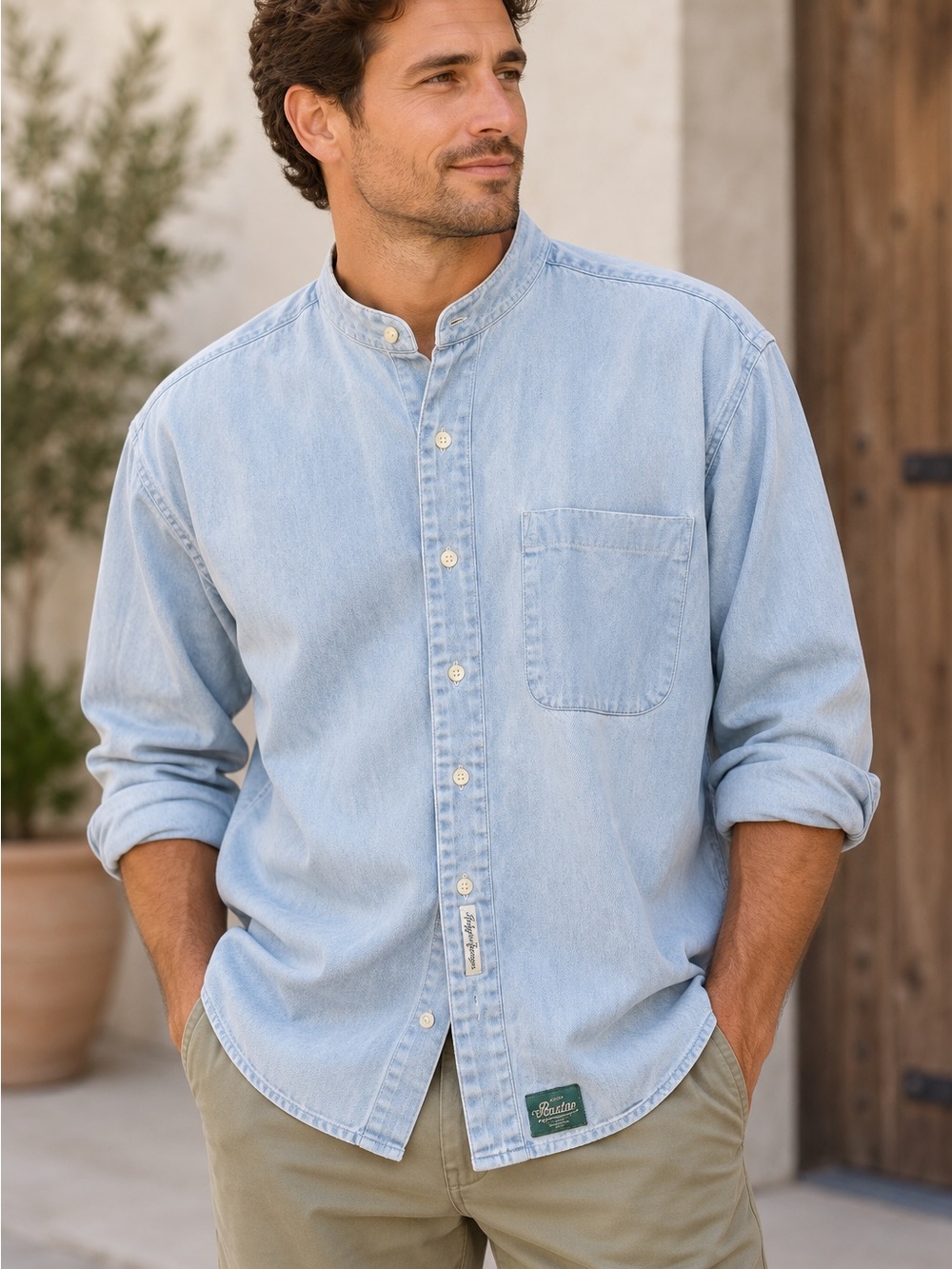 Vintage 90s Baxter Men’s M Indigo Denim Band Collar Shirt Light Wash